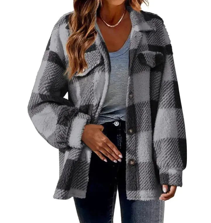 Plush Plaid Women's Autumn And Winter Open Button Lapel Thermal Plaid Pattern Jacket